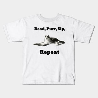 Read, Purr, Sip, Repeat cat reading book Kids T-Shirt